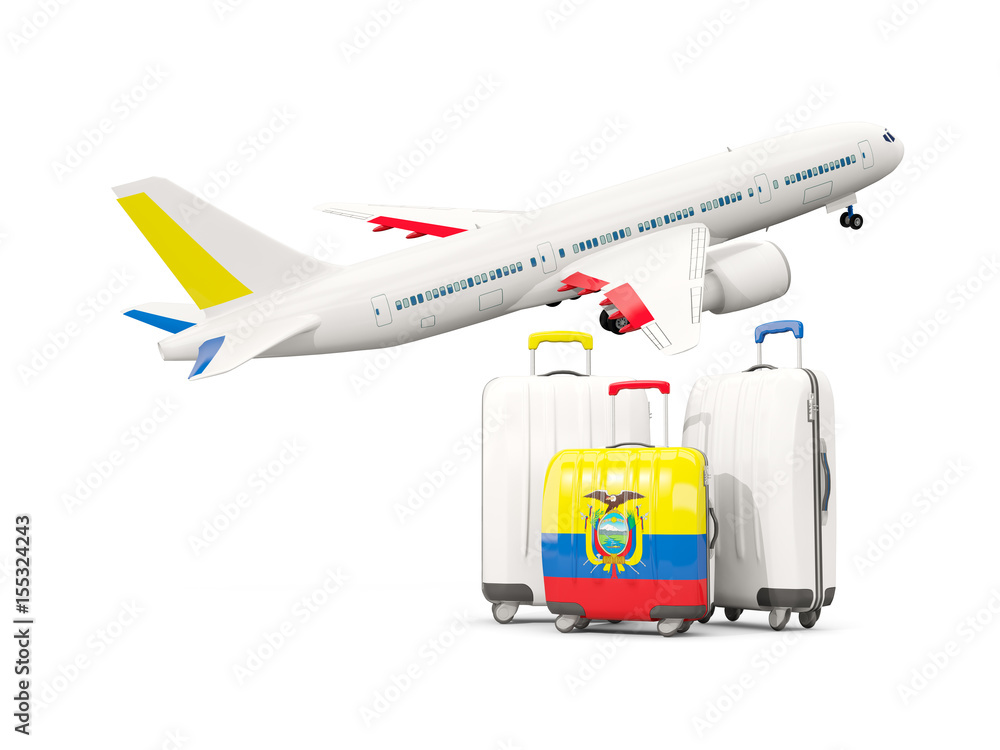 Luggage with flag of ecuador. Three bags with airplane