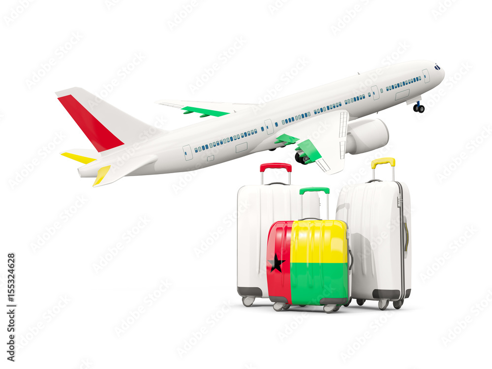Luggage with flag of guinea bissau. Three bags with airplane