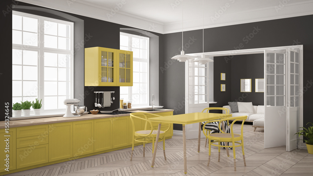 Fototapeta premium Minimalist scandinavian white kitchen with living room in the background, classic white and yellow interior design
