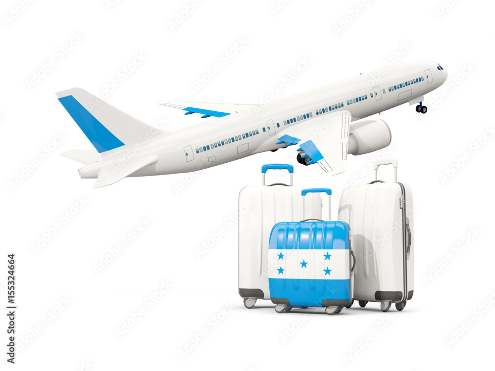 Luggage with flag of honduras. Three bags with airplane