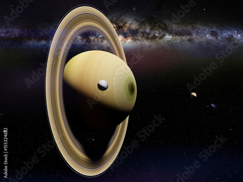 Fototapeta Naklejka Na Ścianę i Meble -  planet Saturn with moons including Enceladus and the Milky Way galaxy