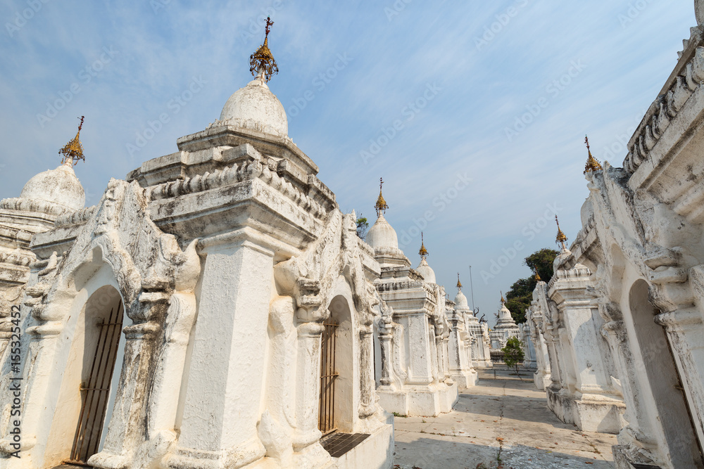 Some of the 729 stupas known as the world's largest book at the Kuthodaw Pagoda in Mandalay, Myanmar (Burma).