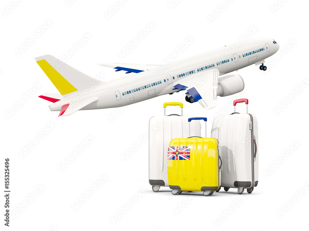 Luggage with flag of niue. Three bags with airplane Luggage with flag of niue. Three bags with airplane
