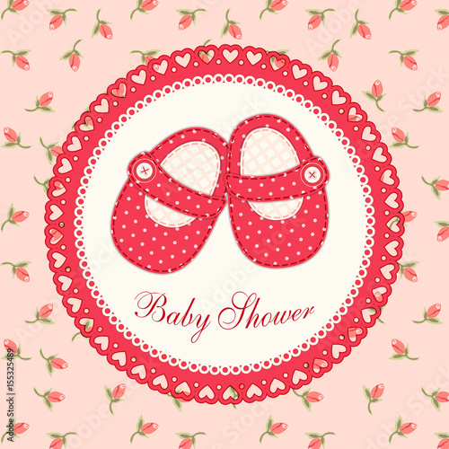 Cute baby shower card with baby shoes as retro fabric applique in shabby chic style