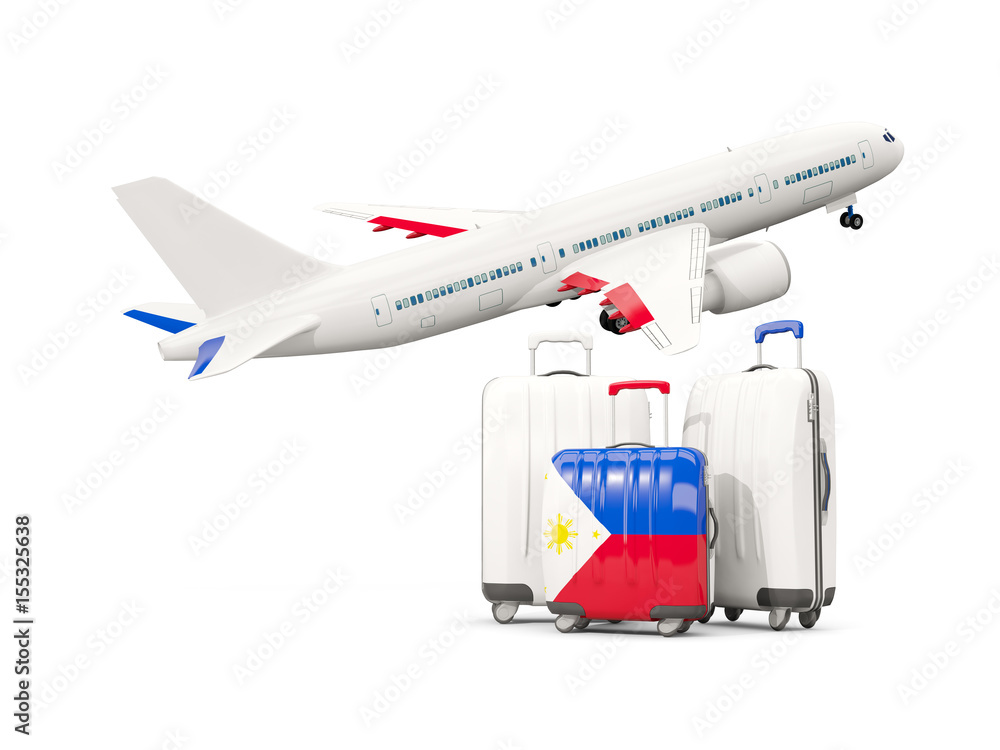 Luggage with flag of philippines. Three bags with airplane