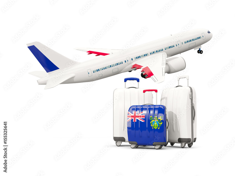 Luggage with flag of pitcairn islands. Three bags with airplane Luggage with flag of pitcairn islands. Three bags with airplane