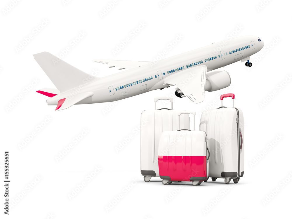 Luggage with flag of poland. Three bags with airplane