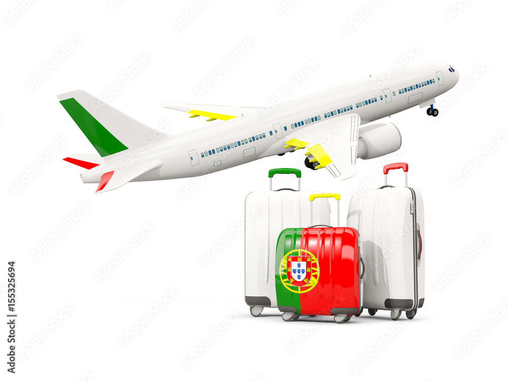 Luggage with flag of portugal. Three bags with airplane
