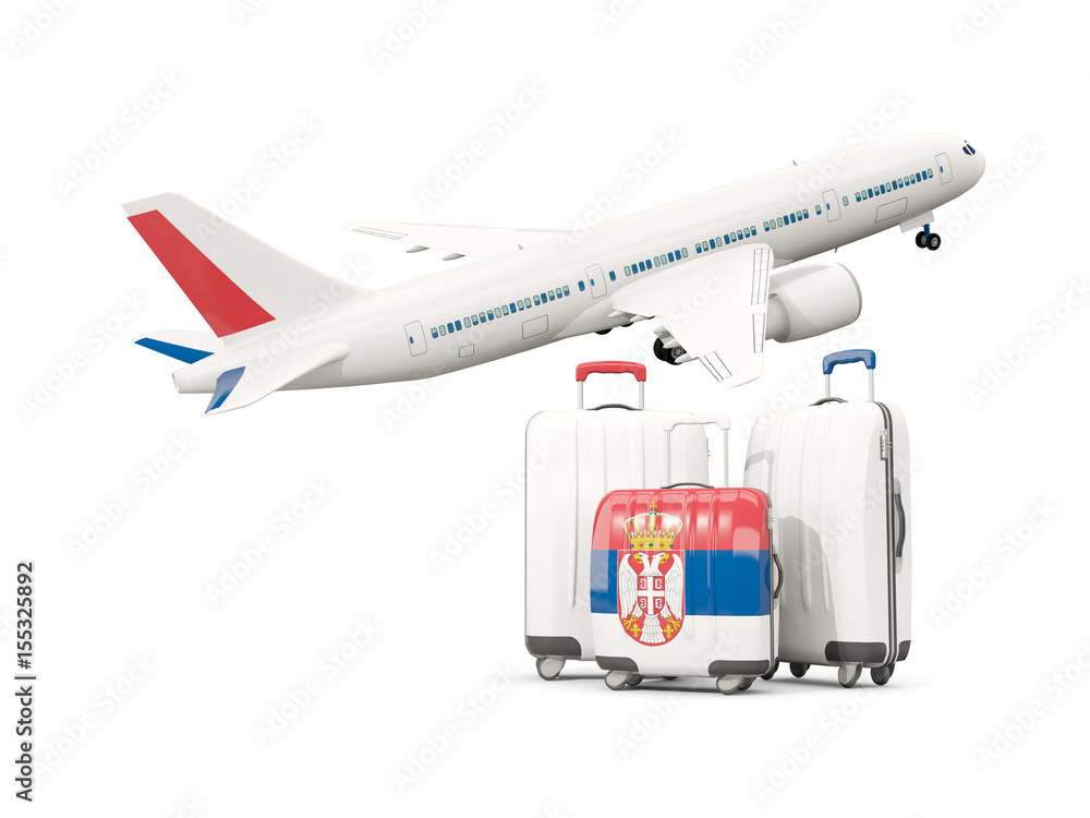 Luggage with flag of serbia. Three bags with airplane