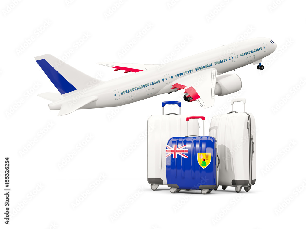 Luggage with flag of turks and caicos islands. Three bags with airplane Luggage with flag of turks and caicos islands. Three bags with airplane