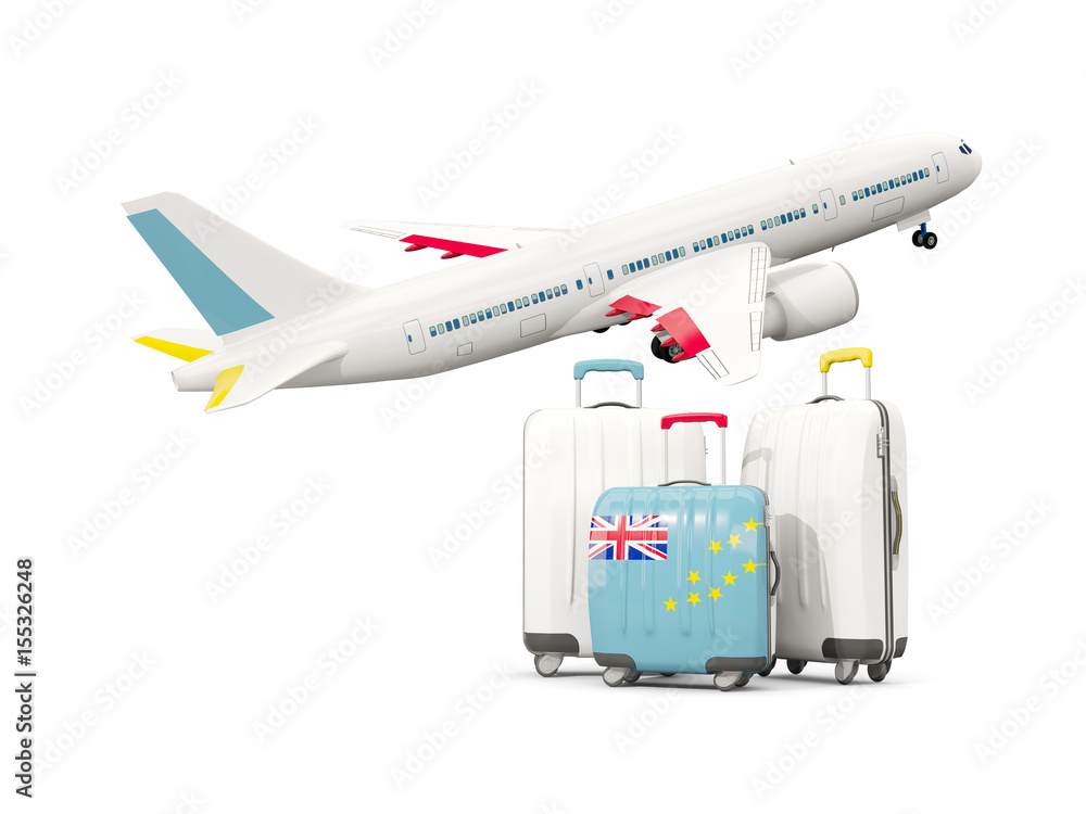 Luggage with flag of tuvalu. Three bags with airplane