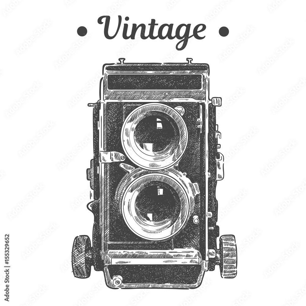 Hand drawing vintage old lens retro photo camera. Isolated vector  illustration Stock Vector | Adobe Stock