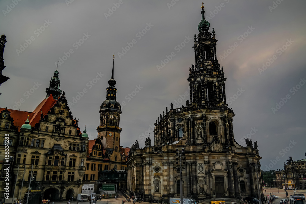 Schlossplatz and exterior view to Katholische Hofkirche in Dresden , Germany