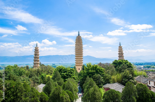 The Three Pagodas of Chongsheng Temple near Dali Old Town, Yunnan province, China.  photo