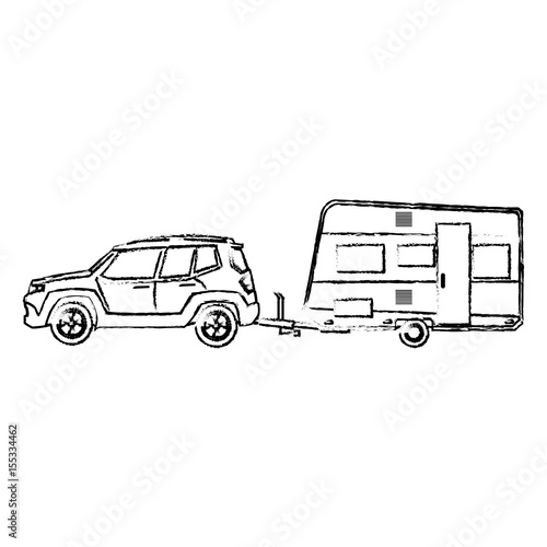 suv car camper trailer travel transport sketch vector illustration