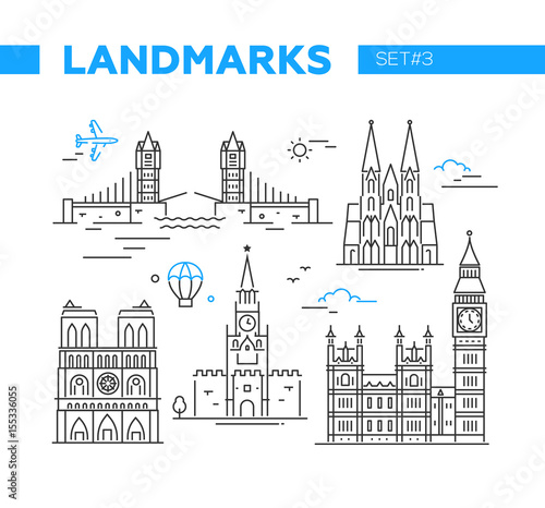 World Famous Landmarks - line design icons set