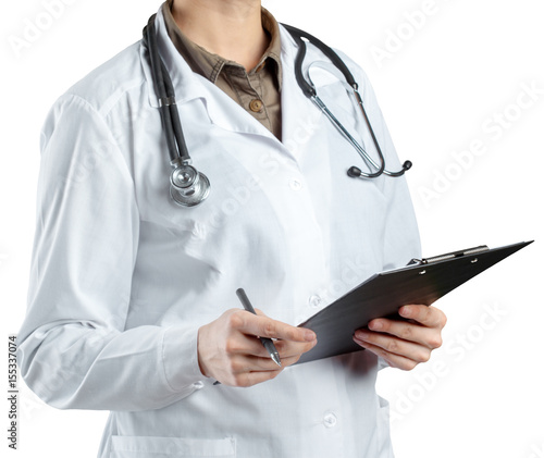 female doctor in uniform holding clipboard