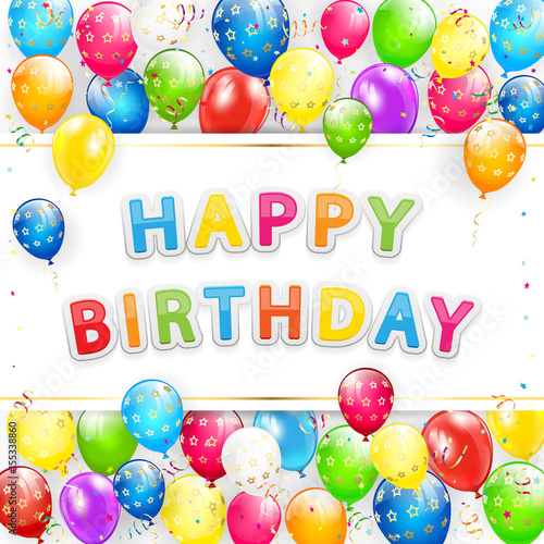 Birthday card with balloons and streamers on white background