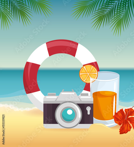 Camera, lifesaver and cocktail over beach landscape background with tropical flower and leaver. Vector illustration.