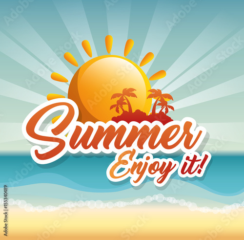Sun and island silhouette with summer sign over beach landscape background. Vector illustration.