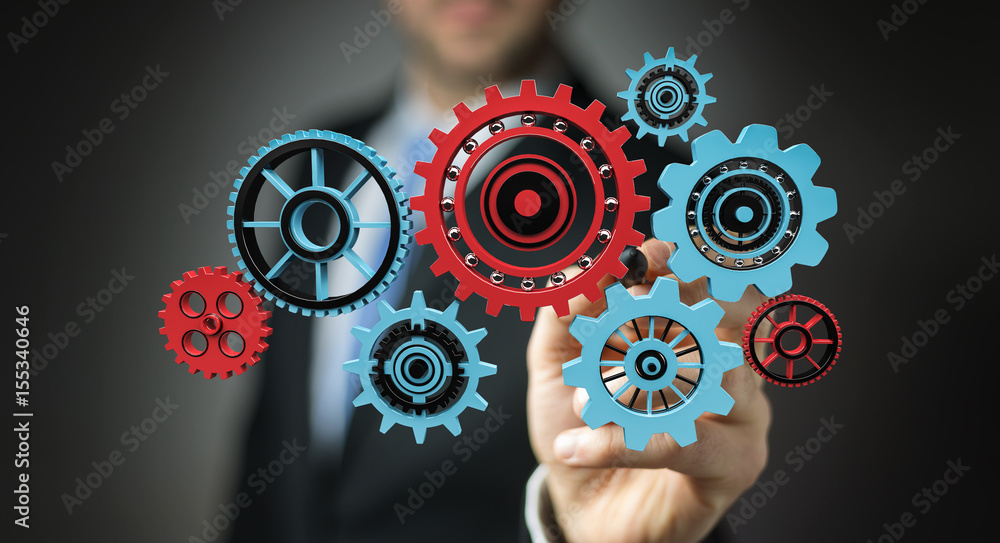 Businessman touching floating gear icons with a pen 3D rendering Businessman touching floating gear icons with a pen 3D rendering