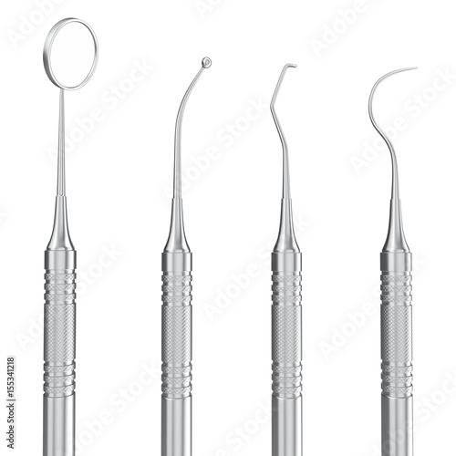Dental set, mirror, probe, isolated on white background. 3D rendering