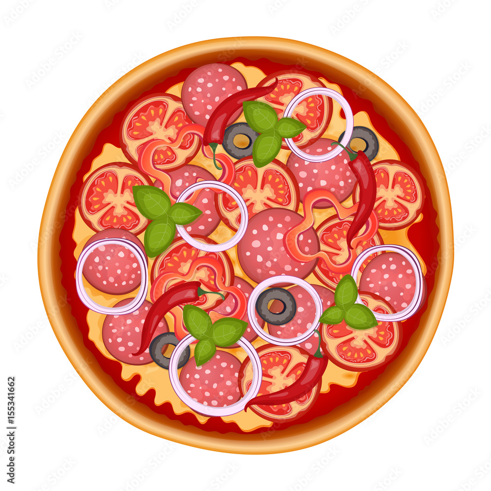 Naklejka premium Delicious italian pizza icon with salami isolated on white