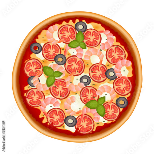 Delicious italian pizza icon with shrimp isolated on white