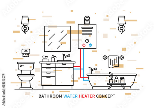 Bathroom water heater geyser vector illustration with colorful elements. Bathroom interior with domestic boiler graphic design.

