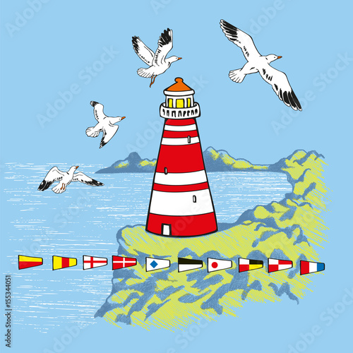 Lighthouse on a reef with seagulls and flags