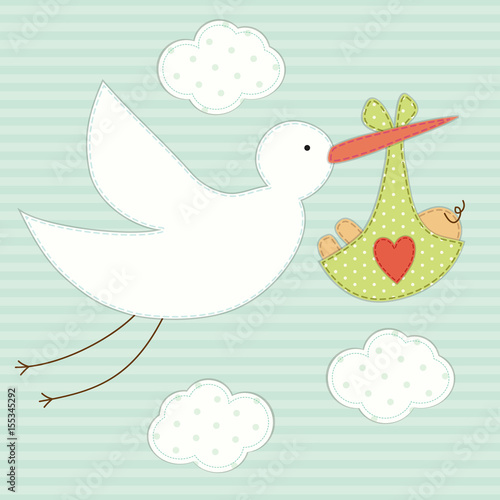 Cute baby shower card as retro fabric patch applique of stork and newborn baby