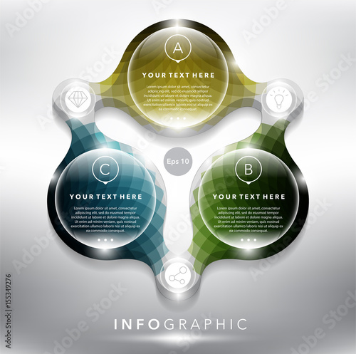 Abstract info graphic with circle elements. 3 parts concept. Can be used for workflow layout, banner, number options, step up options, diagram, web design. Vector illustration. Eps10.