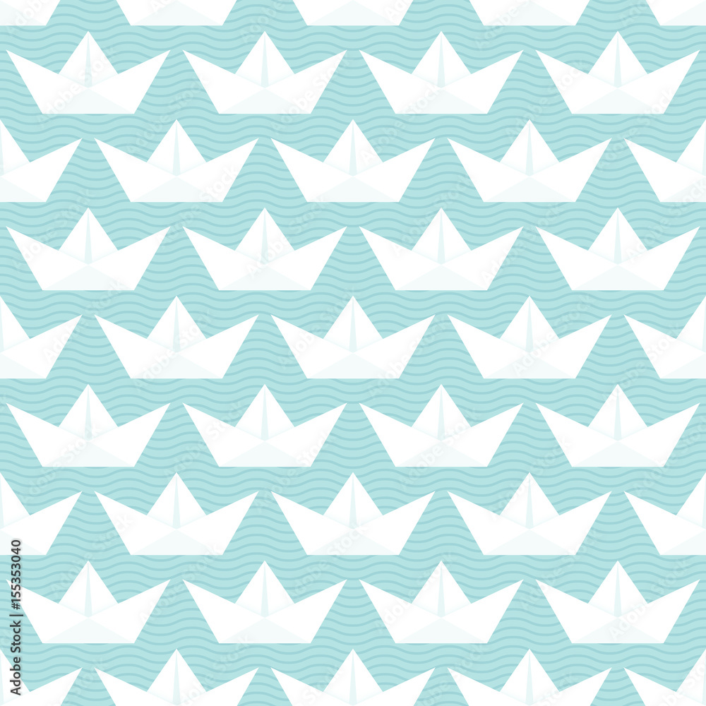 Seamless Pattern Paperboats & Waves Blue Seamless Pattern Paperboats & Waves Blue