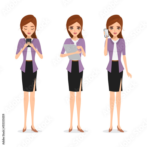 Business woman with communication technology. illustration vector people character.