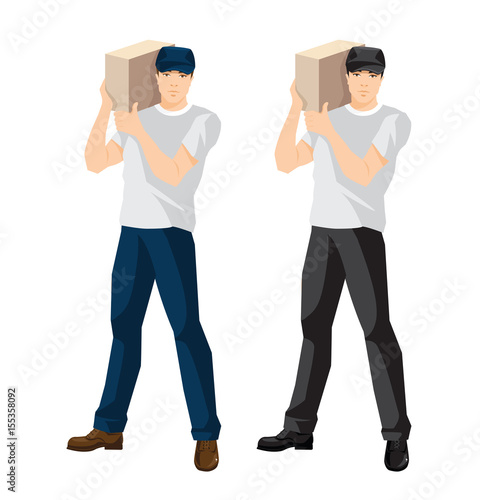 Vector illustration of man loader or courier hold package