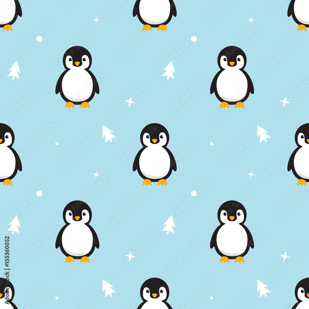 Obraz premium Seamless pattern Baby Penguin standing on sky blue background. Cute Penguin cartoon with snow and pine tree flat design vector illustration.