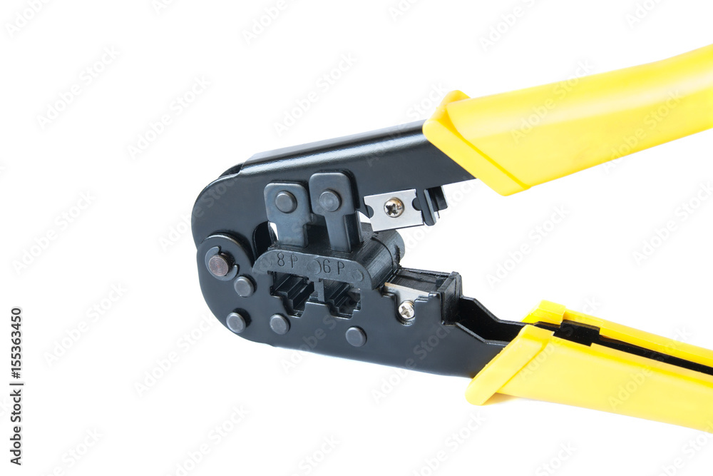 Crimping tool with yellow handles on isolated white background. Crimping pliers closeup. Crimping tool with yellow handles on isolated white background. Crimping pliers closeup.