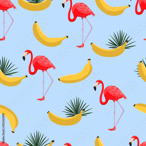 Seamless pattern with bananas and tropical leaves. Hawaiian style background with jungle tropical plants  yellow bananas and exotic flamingo. Fabric print. Modern wallpaper design. Vector.