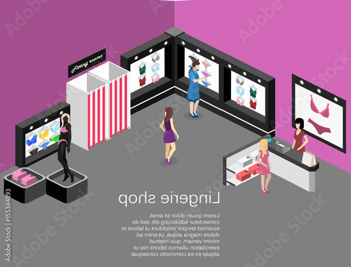 Isometric flat 3D isolated concept vector cutaway interior lingerie store
