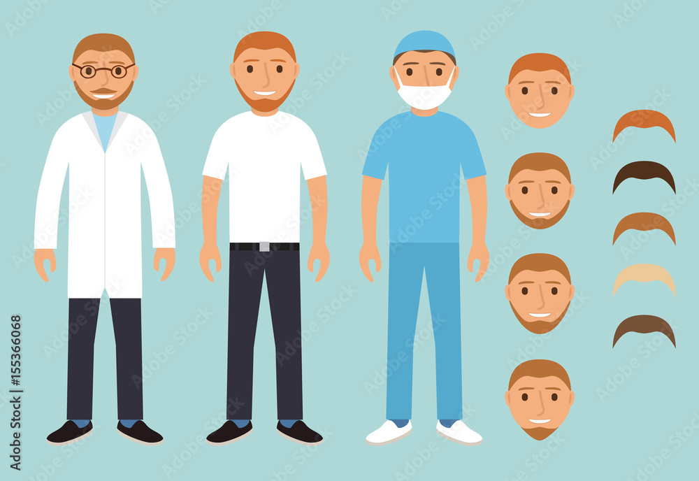 Health worker men.Set of medical characters in flat style a vector. The doctor with a beard glasses and a dressing gown. Paraphysician of external medical care. The surgeon in a mask before operation.
