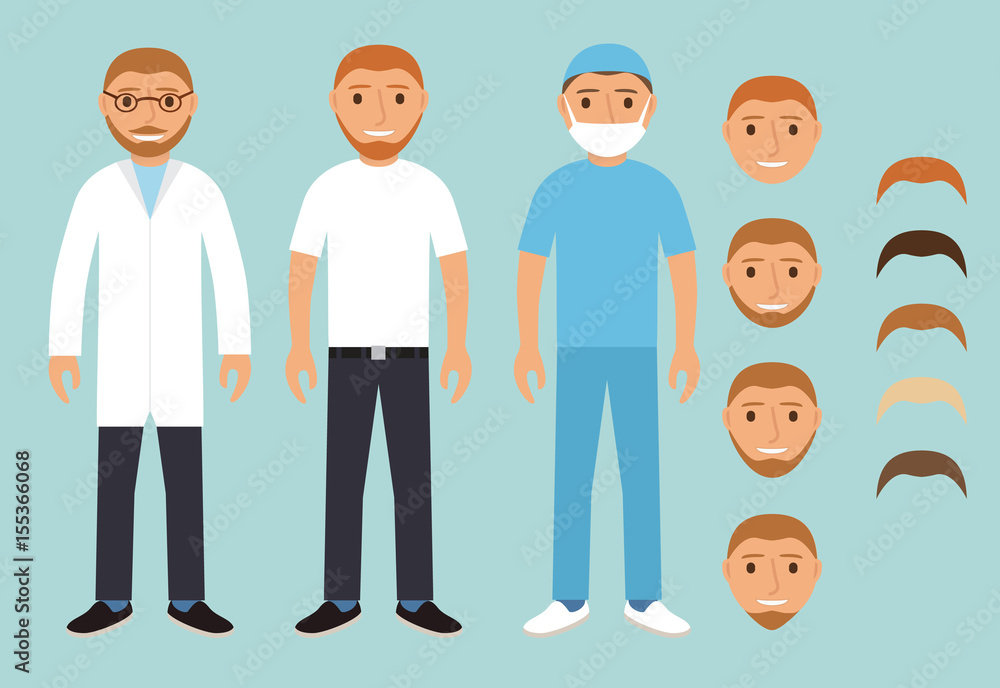 Health worker men.Set of medical characters in flat style a vector. The doctor with a beard glasses and a dressing gown. Paraphysician of external medical care. The surgeon in a mask before operation. Health worker men.Set of medical characters in flat style a vector. The doctor with a beard glasses and a dressing gown. Paraphysician of external medical care. The surgeon in a mask before operation.