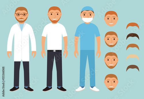Health worker men.Set of medical characters in flat style a vector. The doctor with a beard glasses and a dressing gown. Paraphysician of external medical care. The surgeon in a mask before operation.