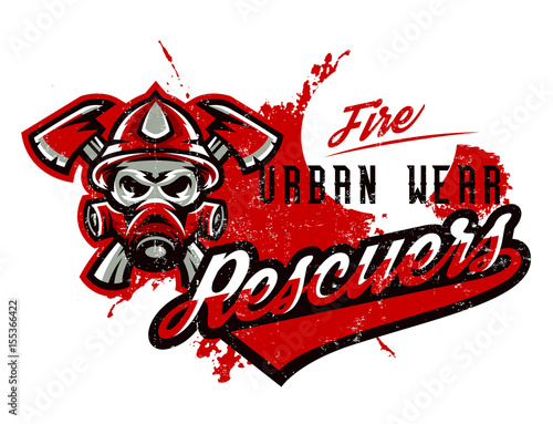 Vector illustration on the theme of rescuers, fire department, a skull in a fireman's helmet, axes. Grunge effect, text, inscription. Typography, T-shirt graphics, print, banner, poster, flyer