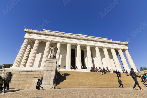 View of the historic ceremonial approach leading up towards the neoclassical temple, the Lincoln Memorial, National Mall, Washington DC