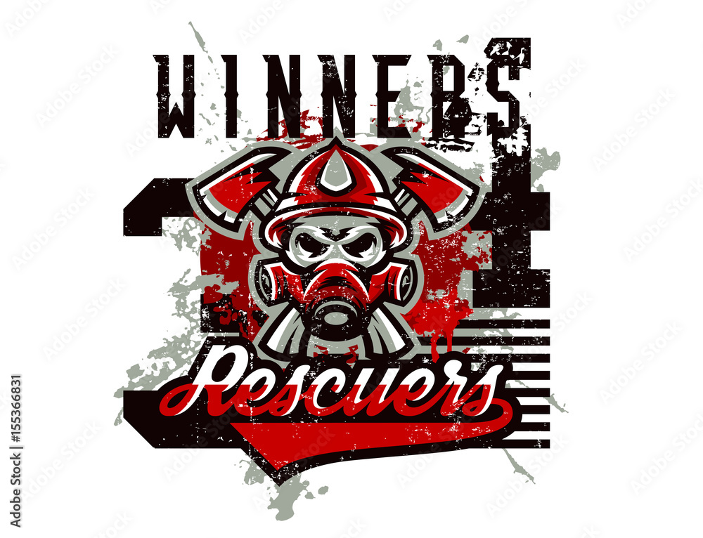 Vector illustration on the theme of rescuers, fire department, a skull in a fireman's helmet, axes. Grunge effect, text, inscription. Typography, T-shirt graphics, print, banner, poster, flyer