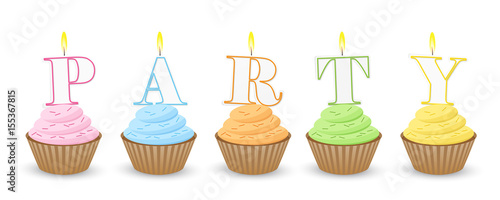 Cupcakes with Candles spelling out PARTY