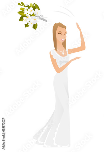 Caucasian bride tossing the bouquet of flowers.