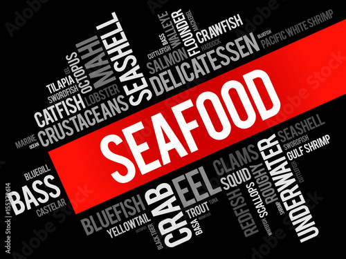Seafood word cloud collage, food concept background