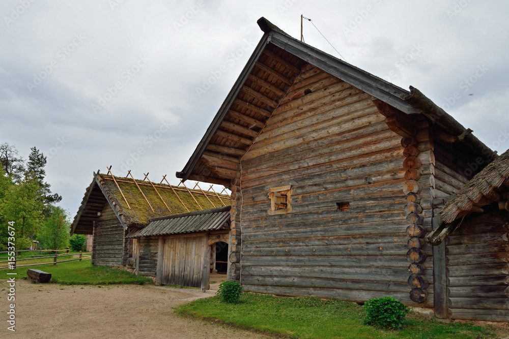 Old Russian log hut in Pushkin Mikhailovskoe
