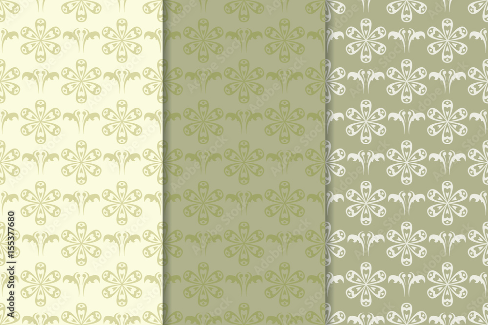 Olive green floral seamless background. Collection of fabric prints - obrazy, fototapety, plakaty 